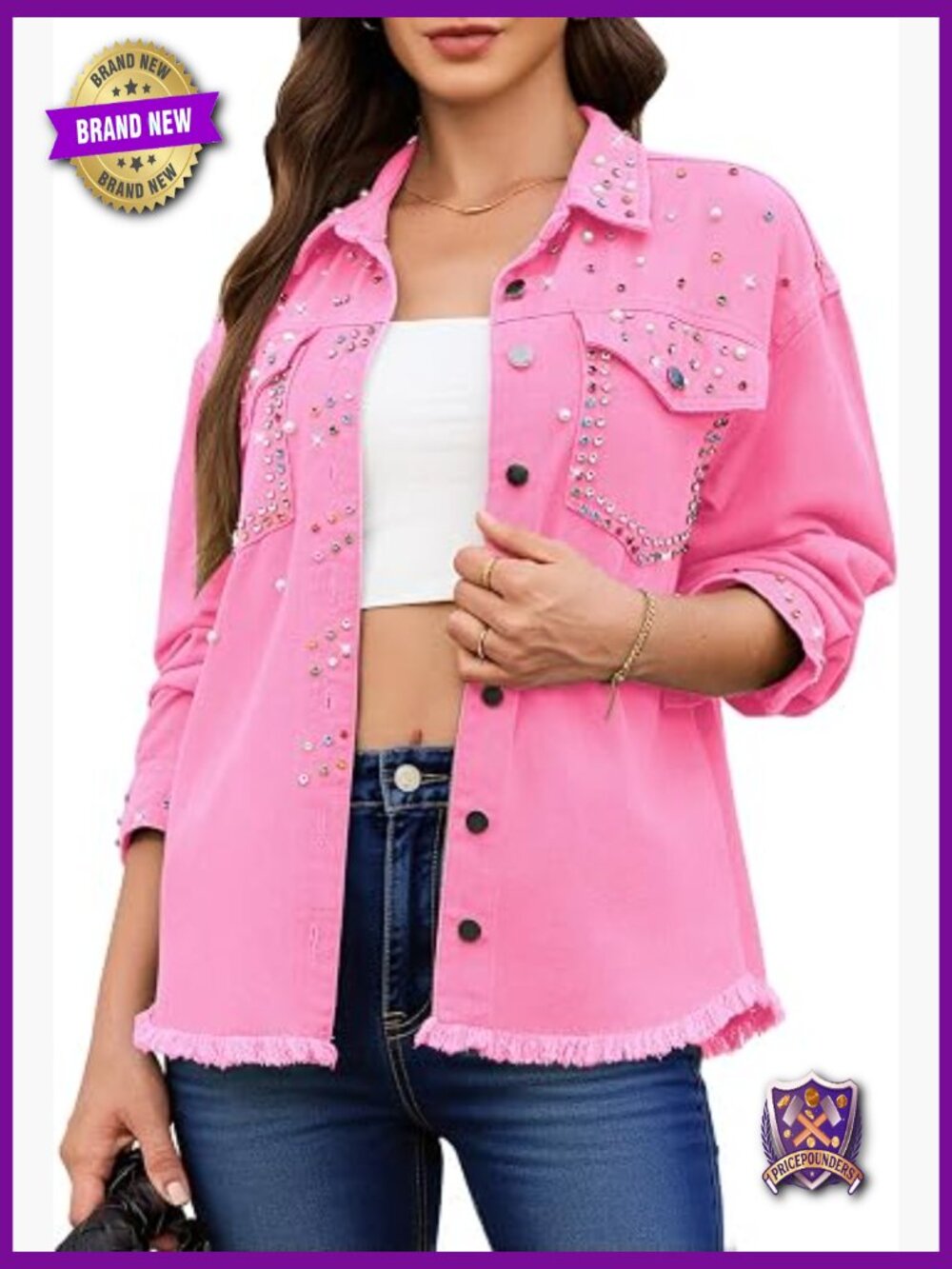 Oversized Rhinestone Pearl Embellished Frayed Hem Denim Jacket with Pockets